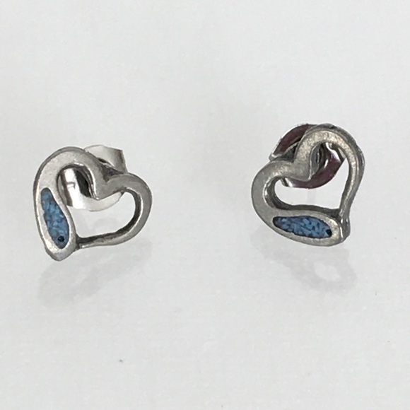 Vintage 80’s Turquoise Heart Stud Earrings Chip Inlay Boho Retro NEW Dead Stock - Picture 4 of 10